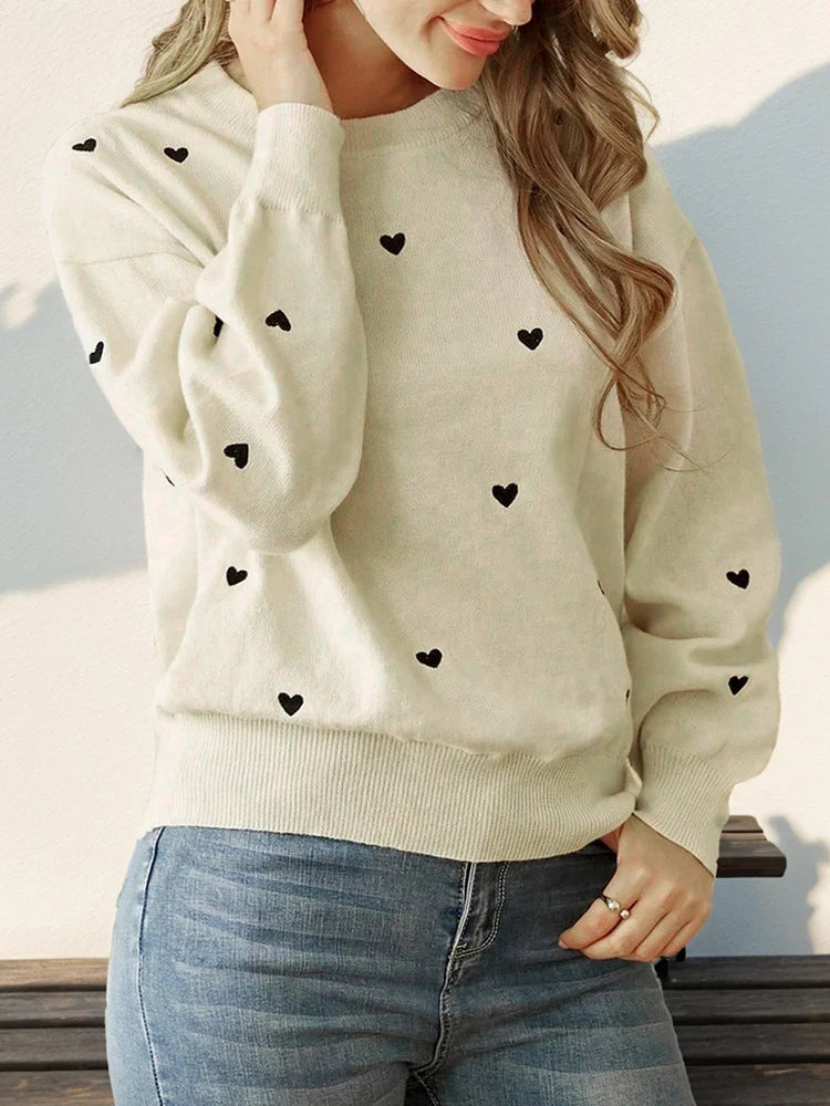 Women's Heart Print Crew Neck Sweater