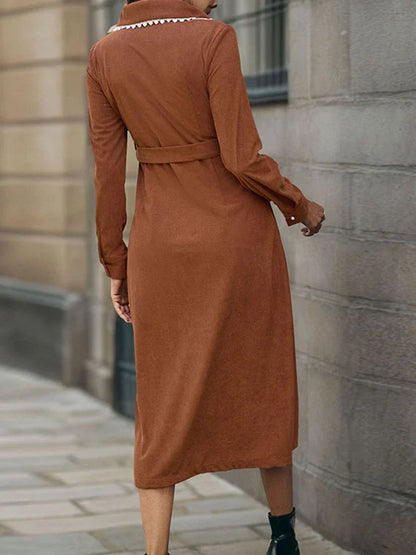Women's Corduroy Long Sleeve Cord Button Down Maxi Dress