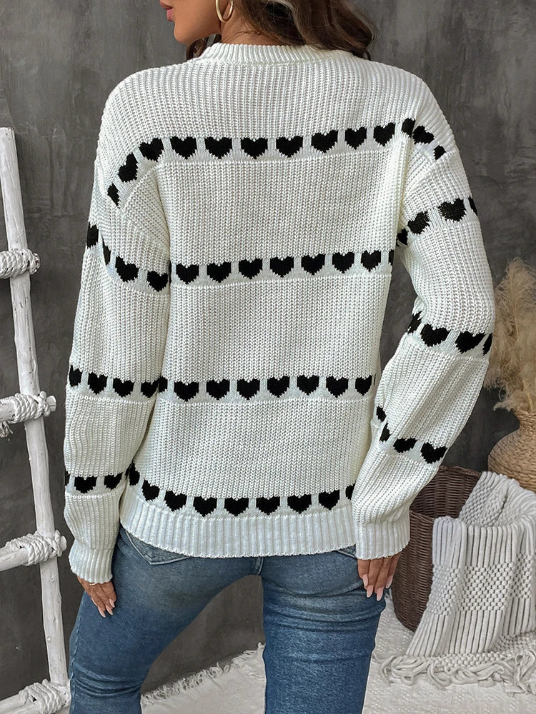 Women's Heart Crew Neck Casual Long Sleeve Sweater