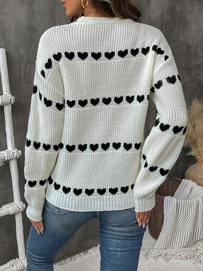 Women's Heart Crew Neck Casual Long Sleeve Sweater