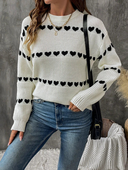 Women's Heart Crew Neck Casual Long Sleeve Sweater