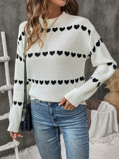 Women's Heart Crew Neck Casual Long Sleeve Sweater