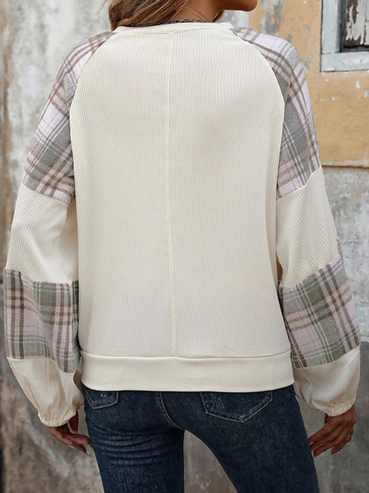 Women's loose-fitting plaid color-blocked crew neck sweatshirt