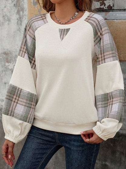 Women's loose-fitting plaid color-blocked crew neck sweatshirt