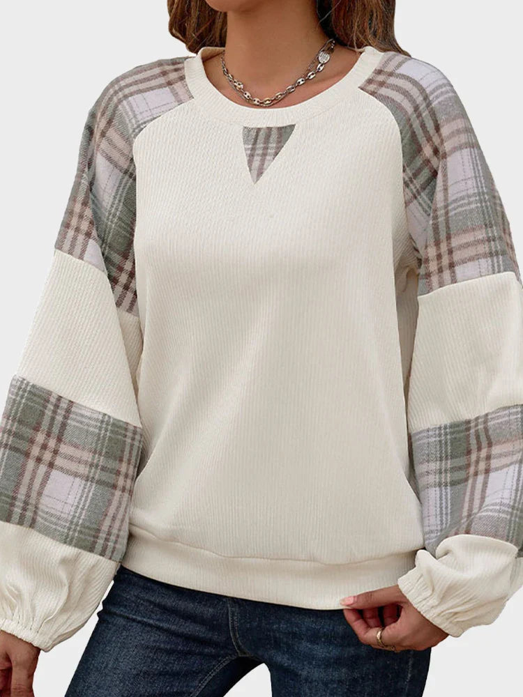 Women's loose-fitting plaid color-blocked crew neck sweatshirt
