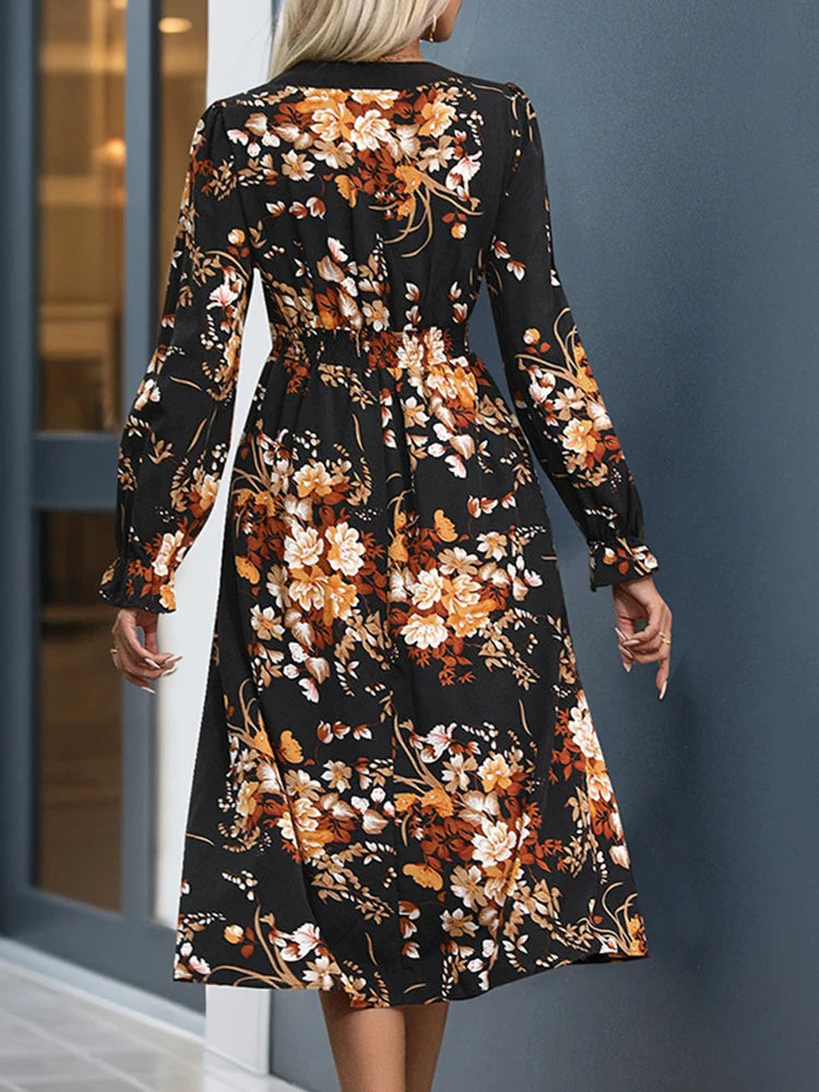 Womens Fall Trendy A-Line V Neck Floral Midi Dress