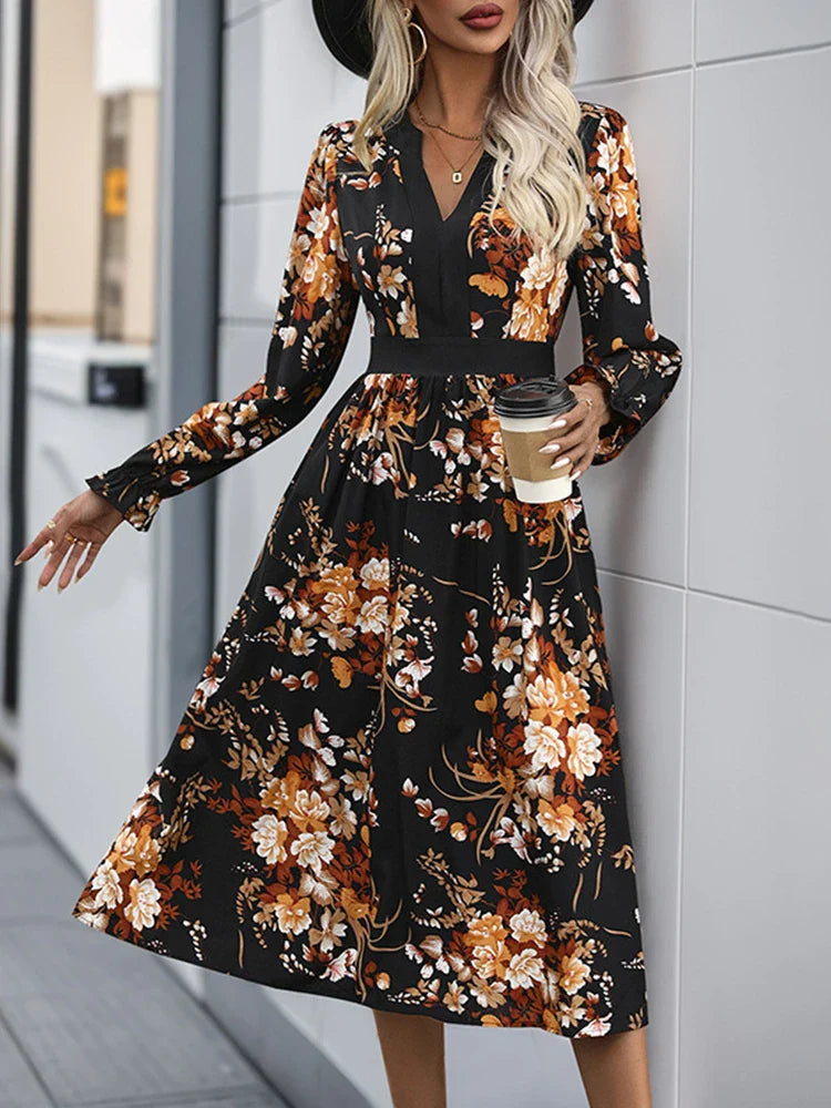 Womens Fall Trendy A-Line V Neck Floral Midi Dress