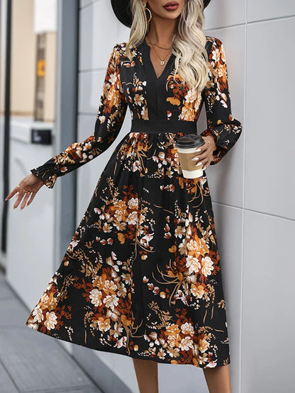 Womens Fall Trendy A-Line V Neck Floral Midi Dress