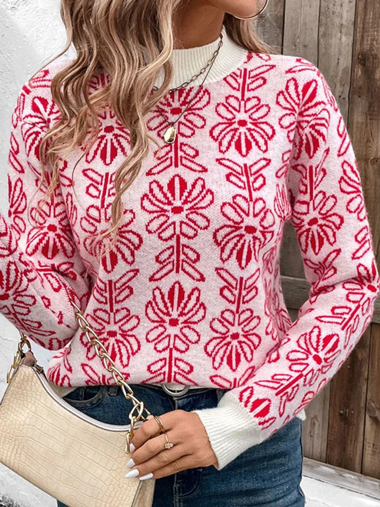 Women's  Floral Print Turtleneck Sweater