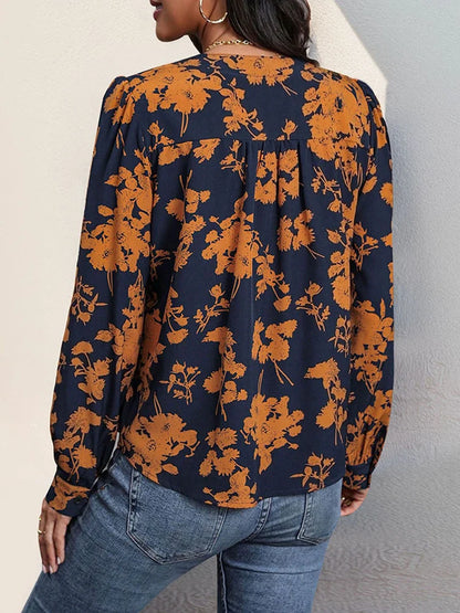 Women's V Neck  Floral Print Pullover Pleated Blouse