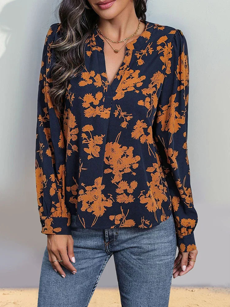 Women's V Neck  Floral Print Pullover Pleated Blouse