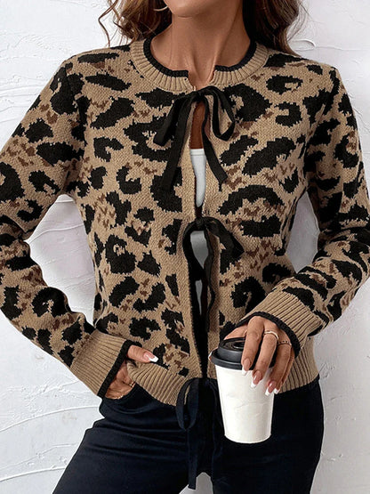 Women Leopard Print Bow Tie Cardigan