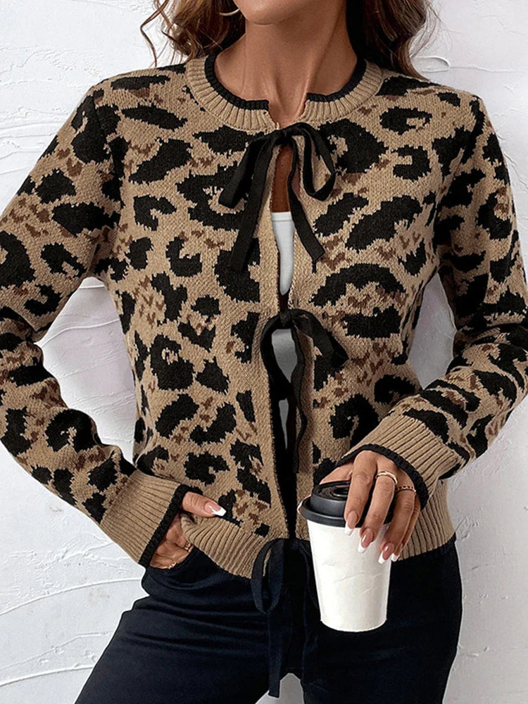 Women Leopard Print Bow Tie Cardigan