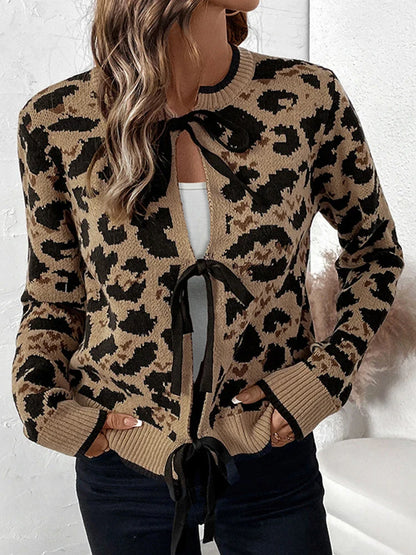 Women Leopard Print Bow Tie Cardigan