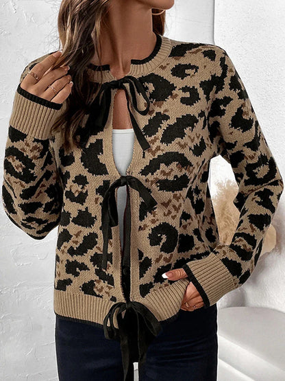 Women Leopard Print Bow Tie Cardigan