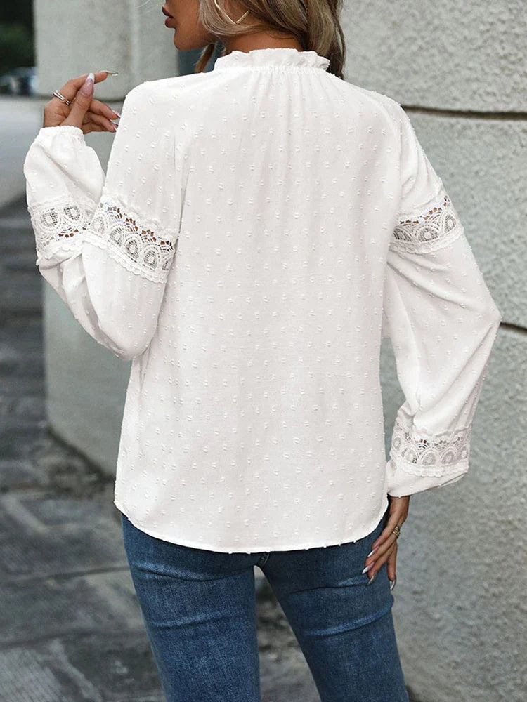 Women's Frill Mock Neck Self Tie Shirred Ruffle Long Sleeve Blouse