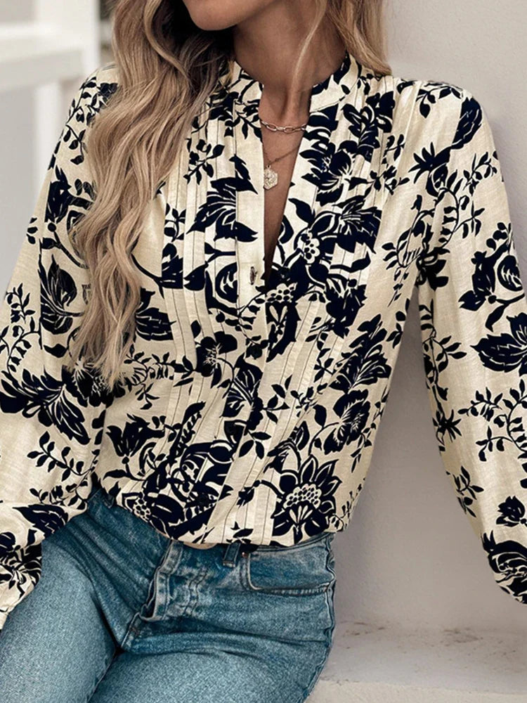 Womens Casual Button Down V Neck  Long Sleeve Blouses