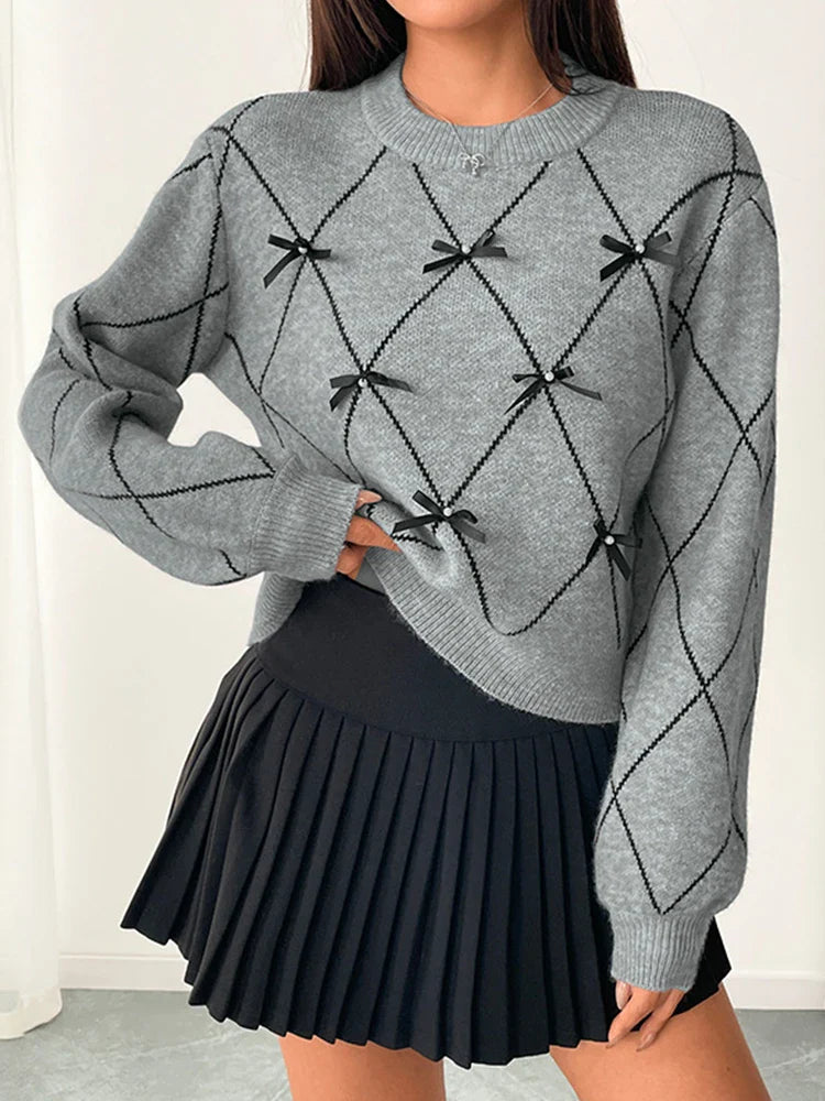 Women's Bow Sweater Christmas Knit Crewneck Pullovers