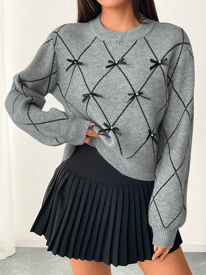 Women's Bow Sweater Christmas Knit Crewneck Pullovers