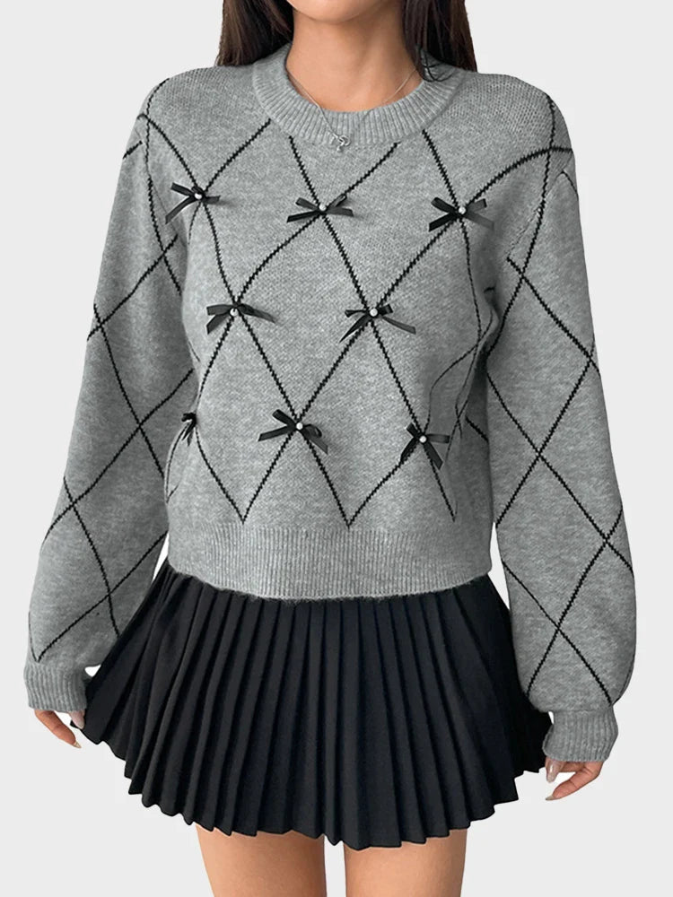 Women's Bow Sweater Christmas Knit Crewneck Pullovers