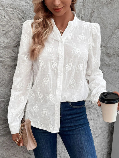 Womens White Embroidered Button Down Shirt