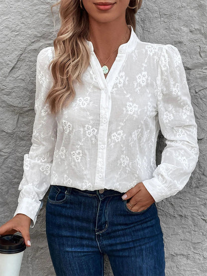 Womens White Embroidered Button Down Shirt