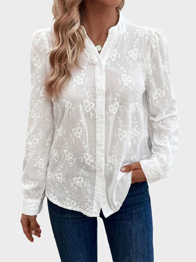 Womens White Embroidered Button Down Shirt