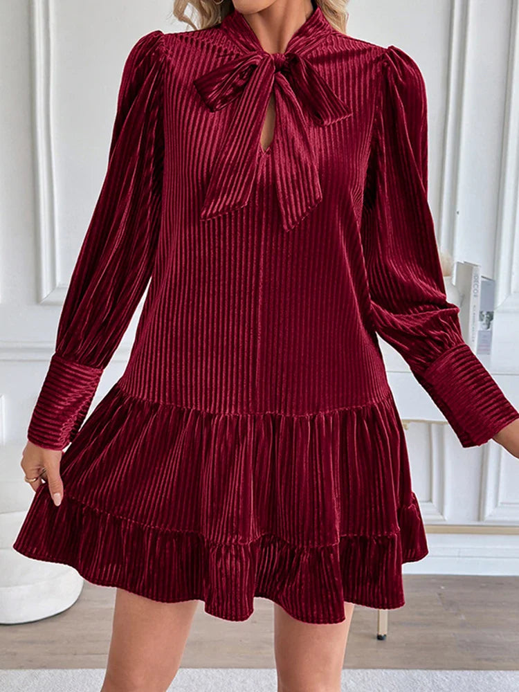 Women's Velvet Bow Tie Neck Long Sleeve Ruffle A-Line Mini Dress