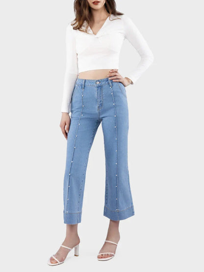 Womens High Waisted Cropped Straight Leg Jeans