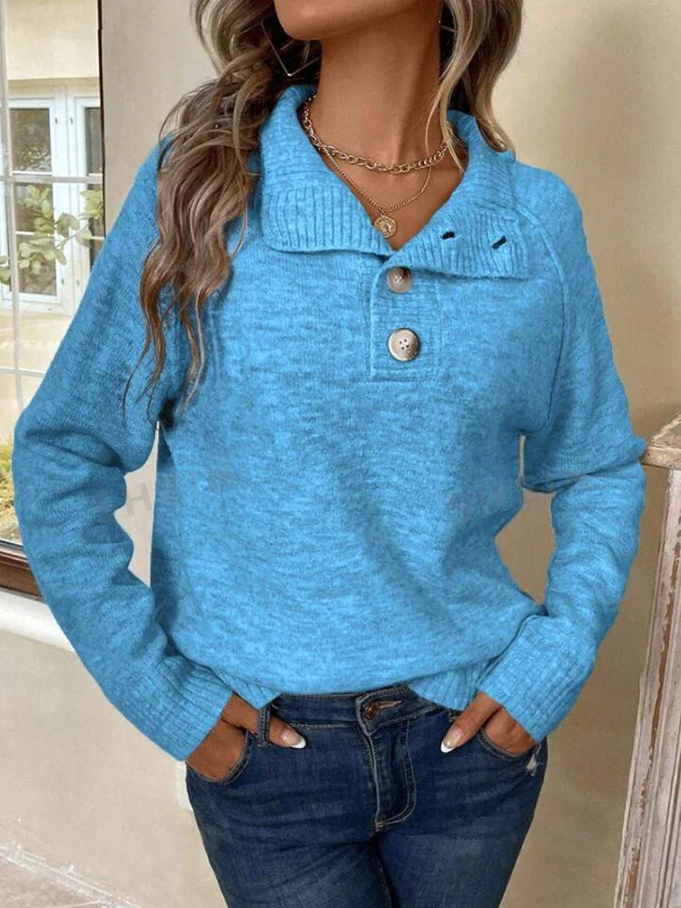 Button-Front Stand Collar Sweater