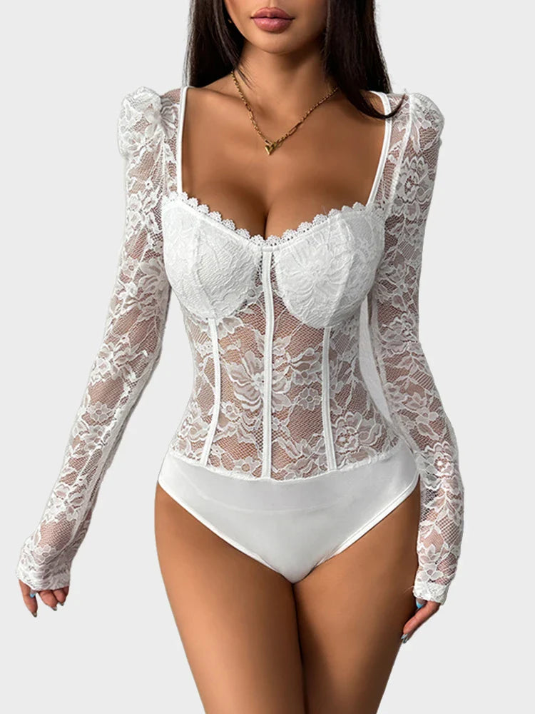 Women's Lace Sheer Long Sleeve Corset Bodysuit Sweetheart Neck Party Club Leotard