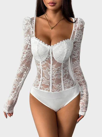 Women's Lace Sheer Long Sleeve Corset Bodysuit Sweetheart Neck Party Club Leotard