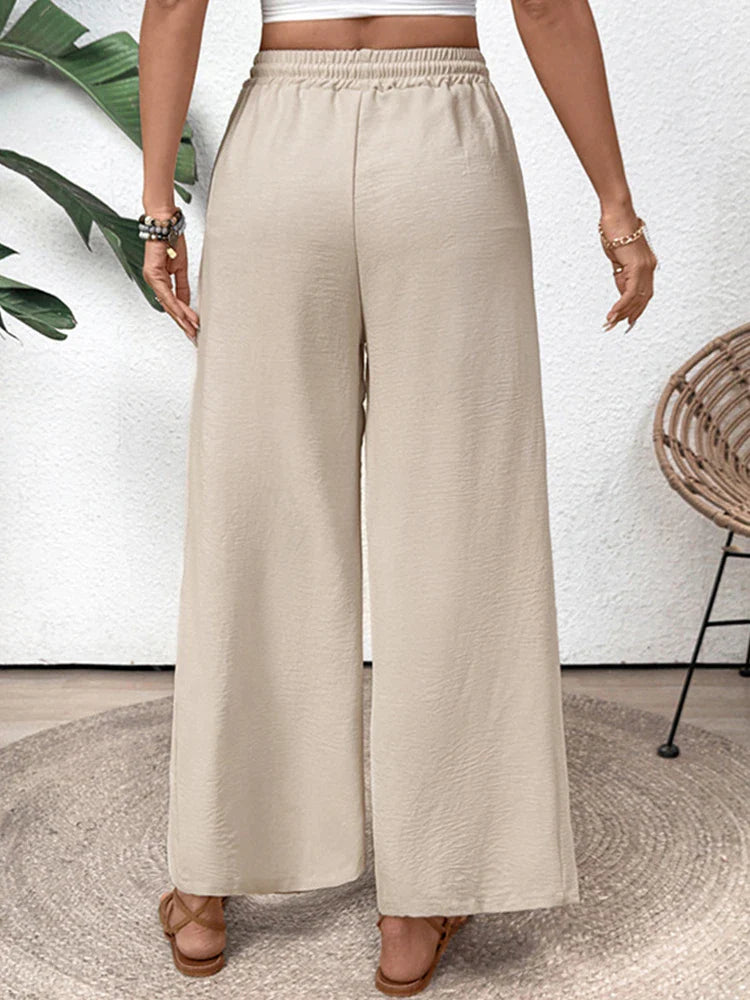Women Flowy Pants Drawstring Waist Wide Leg with Pockets
