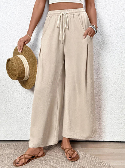 Women Flowy Pants Drawstring Waist Wide Leg with Pockets
