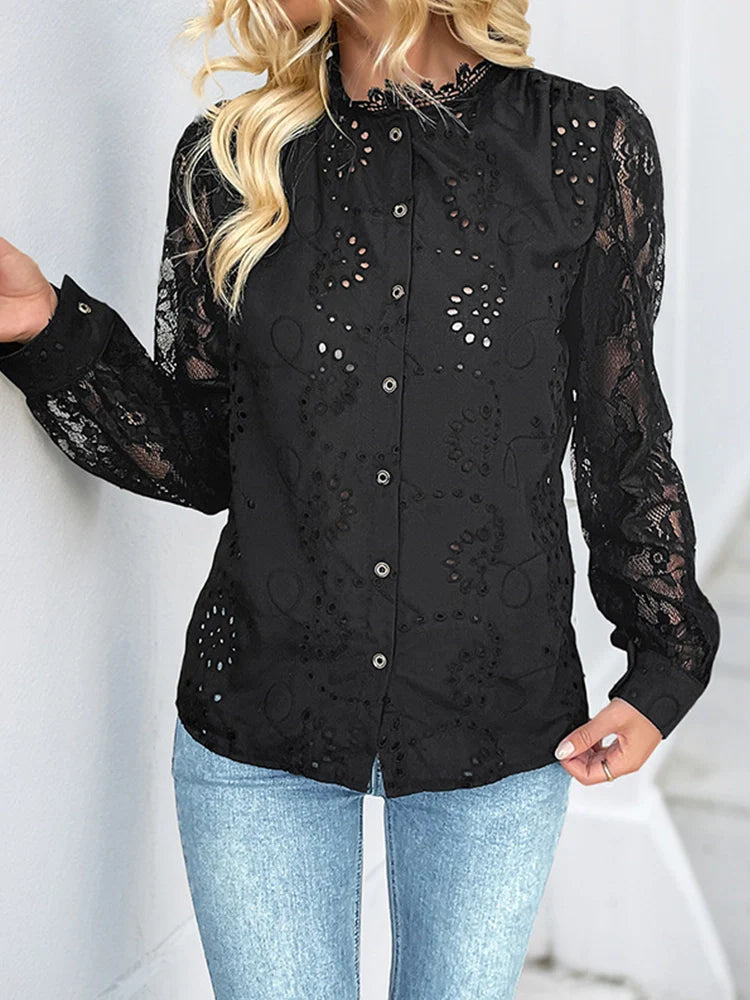 Womens Lace Tops Sheer Long Sleeve Blouses