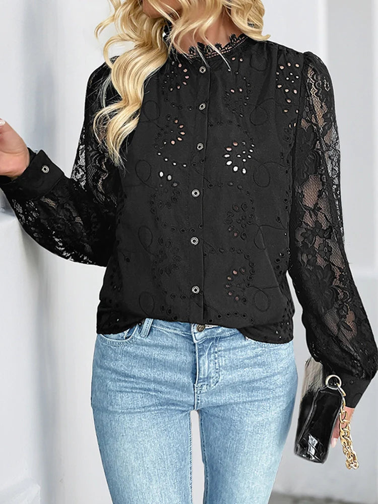 Womens Lace Tops Sheer Long Sleeve Blouses