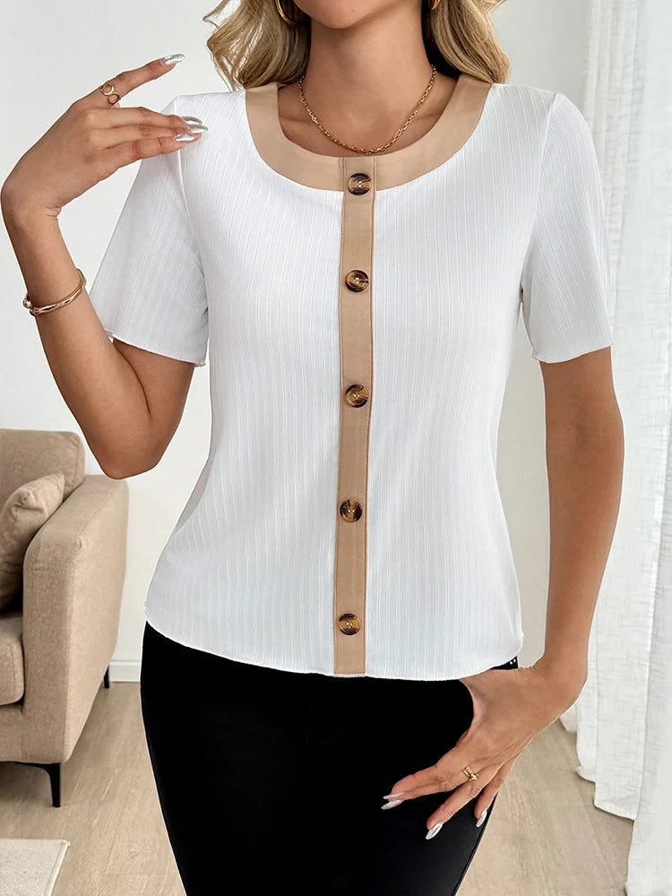 Women's Contrast Trim Ribbed Knit Tops