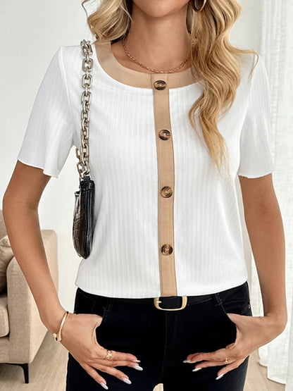 Women's Contrast Trim Ribbed Knit Tops