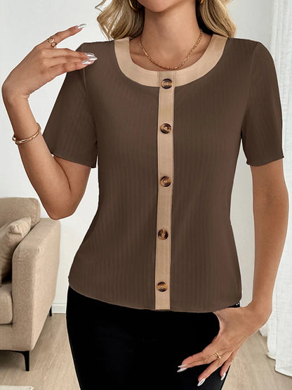 Women's Contrast Trim Ribbed Knit Tops