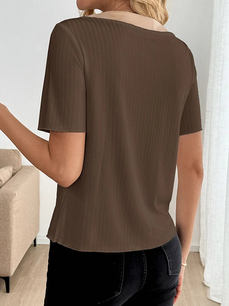 Women's Contrast Trim Ribbed Knit Tops