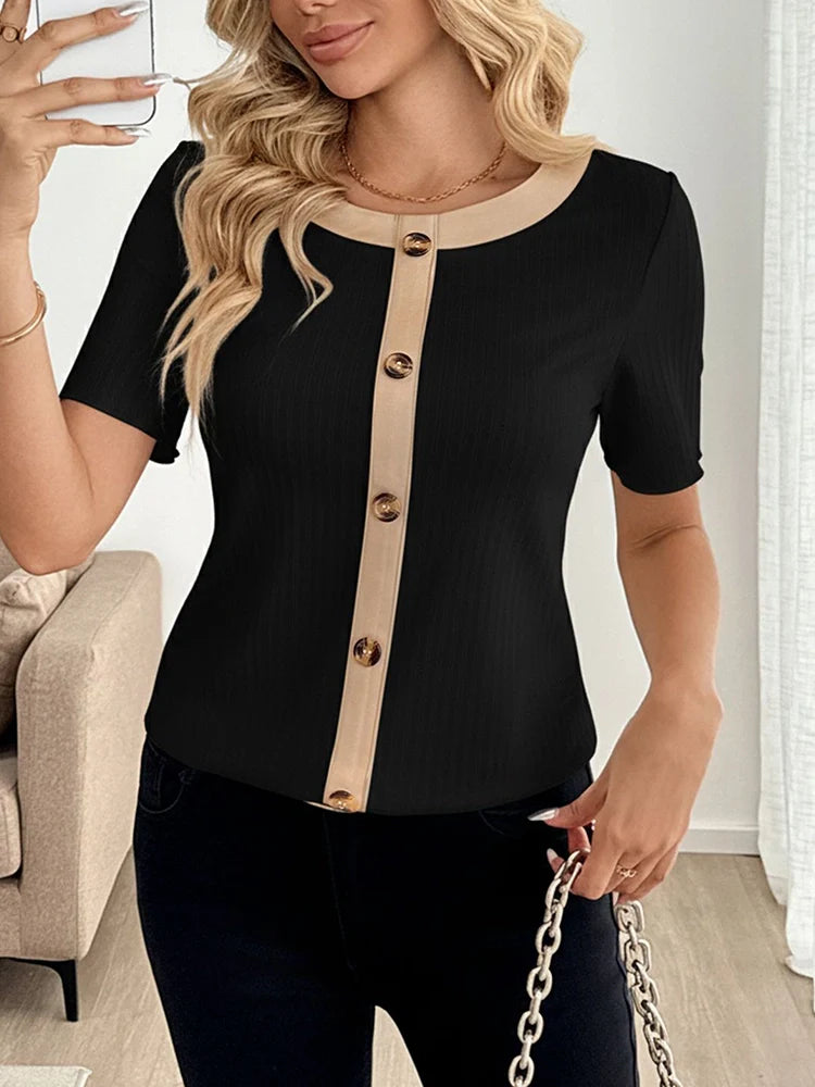 Women's Contrast Trim Ribbed Knit Tops