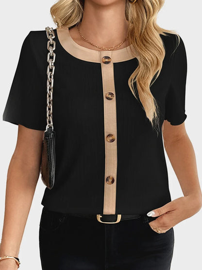 Women's Contrast Trim Ribbed Knit Tops