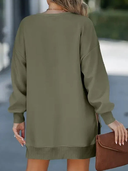 Long Sleeve Drop Shoulder Pullover Casual Zipper Side Slit Top