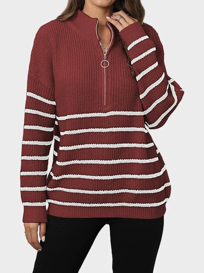 Women's Quarter Zip Striped Oversized Sweater 2025 Mock Turtleneck Fall Fashion Outfit