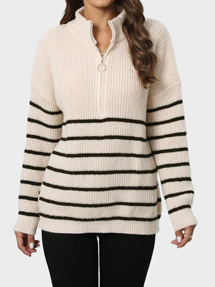 Women's Quarter Zip Striped Oversized Sweater 2025 Mock Turtleneck Fall Fashion Outfit