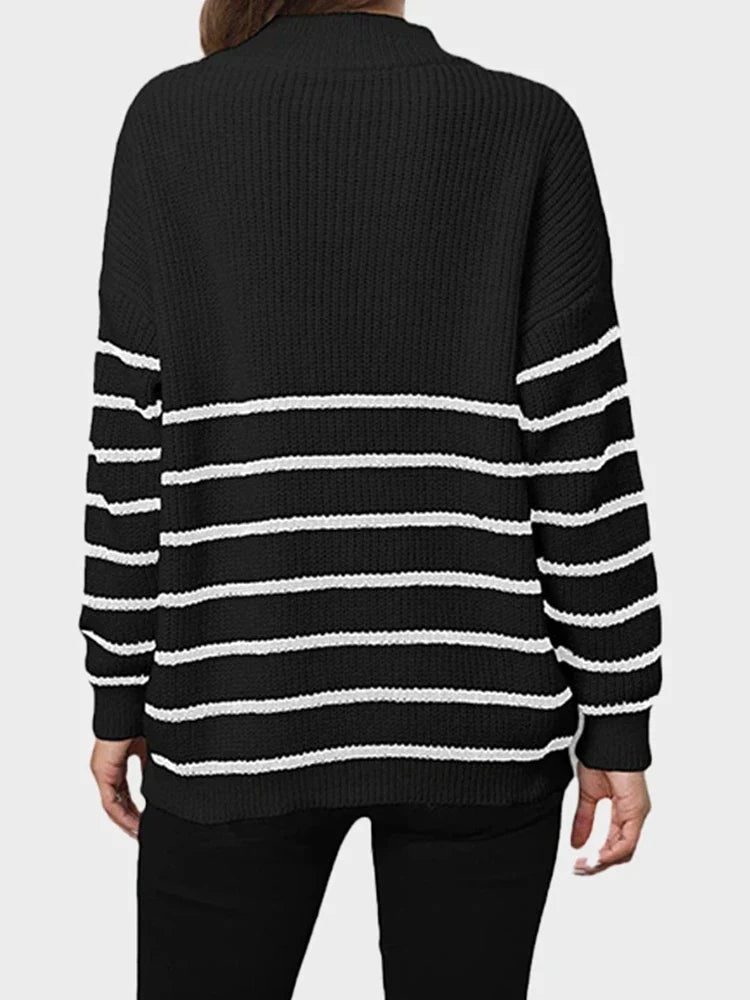 Women's Quarter Zip Striped Oversized Sweater 2025 Mock Turtleneck Fall Fashion Outfit