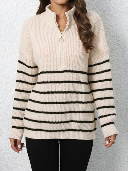 Women's Quarter Zip Striped Oversized Sweater 2025 Mock Turtleneck Fall Fashion Outfit