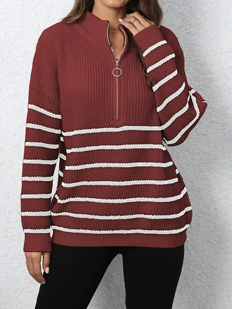 Women's Quarter Zip Striped Oversized Sweater 2025 Mock Turtleneck Fall Fashion Outfit
