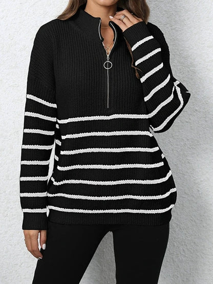 Women's Quarter Zip Striped Oversized Sweater 2025 Mock Turtleneck Fall Fashion Outfit