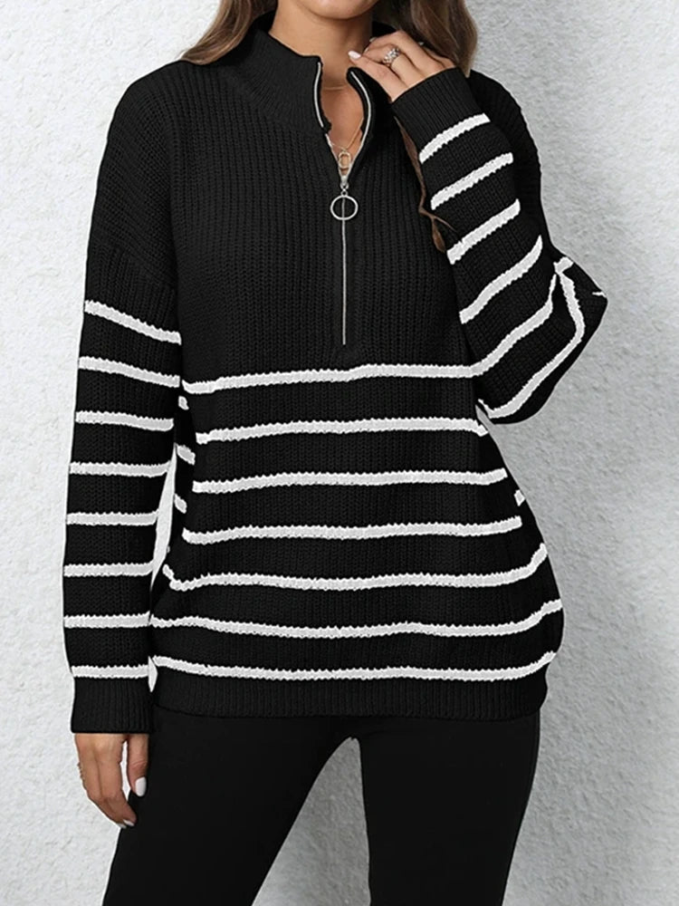 Women's Quarter Zip Striped Oversized Sweater 2025 Mock Turtleneck Fall Fashion Outfit